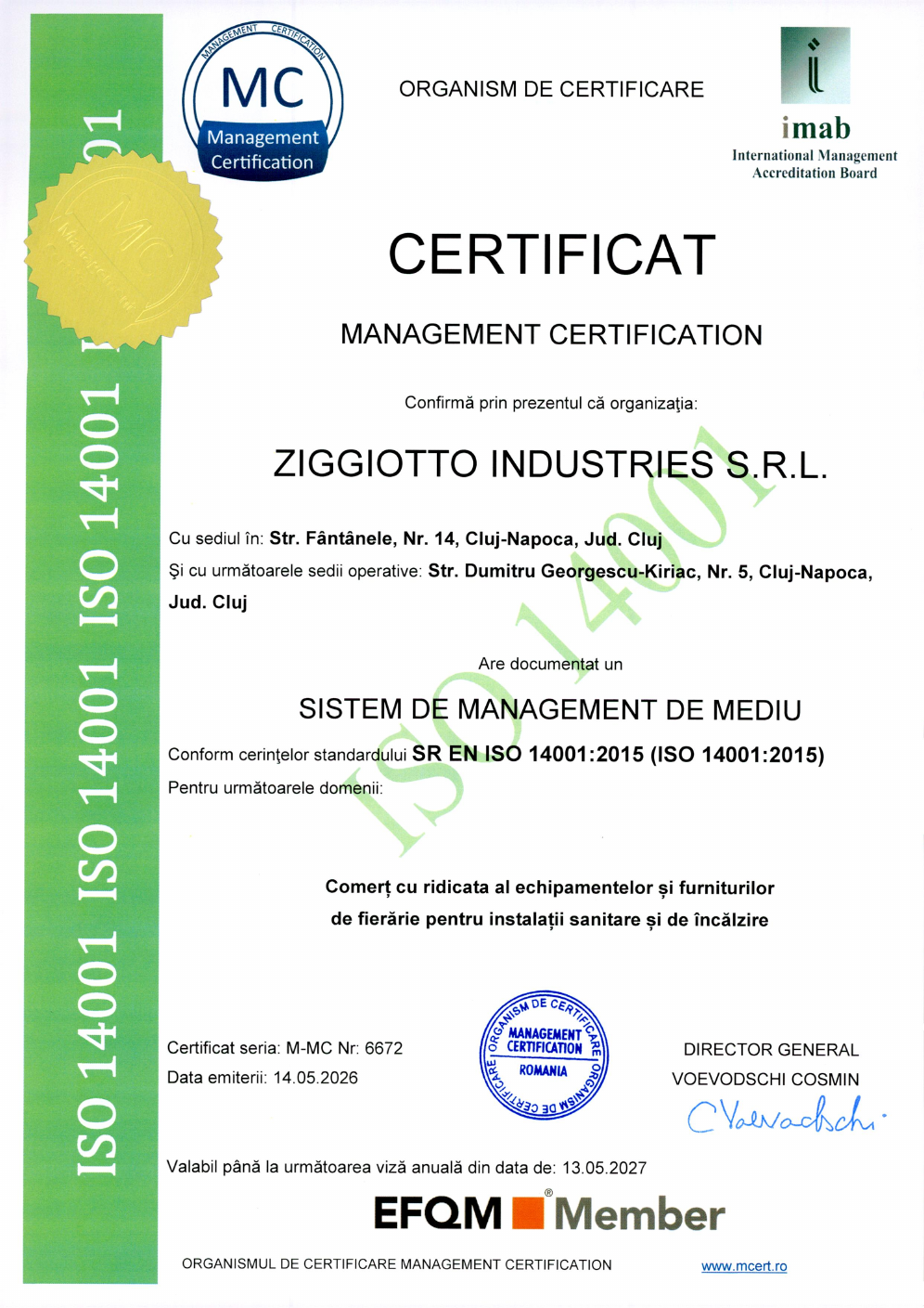 Certificat ZIGGIOTTO INDUSTRIES SR EN ISO 14001:2015