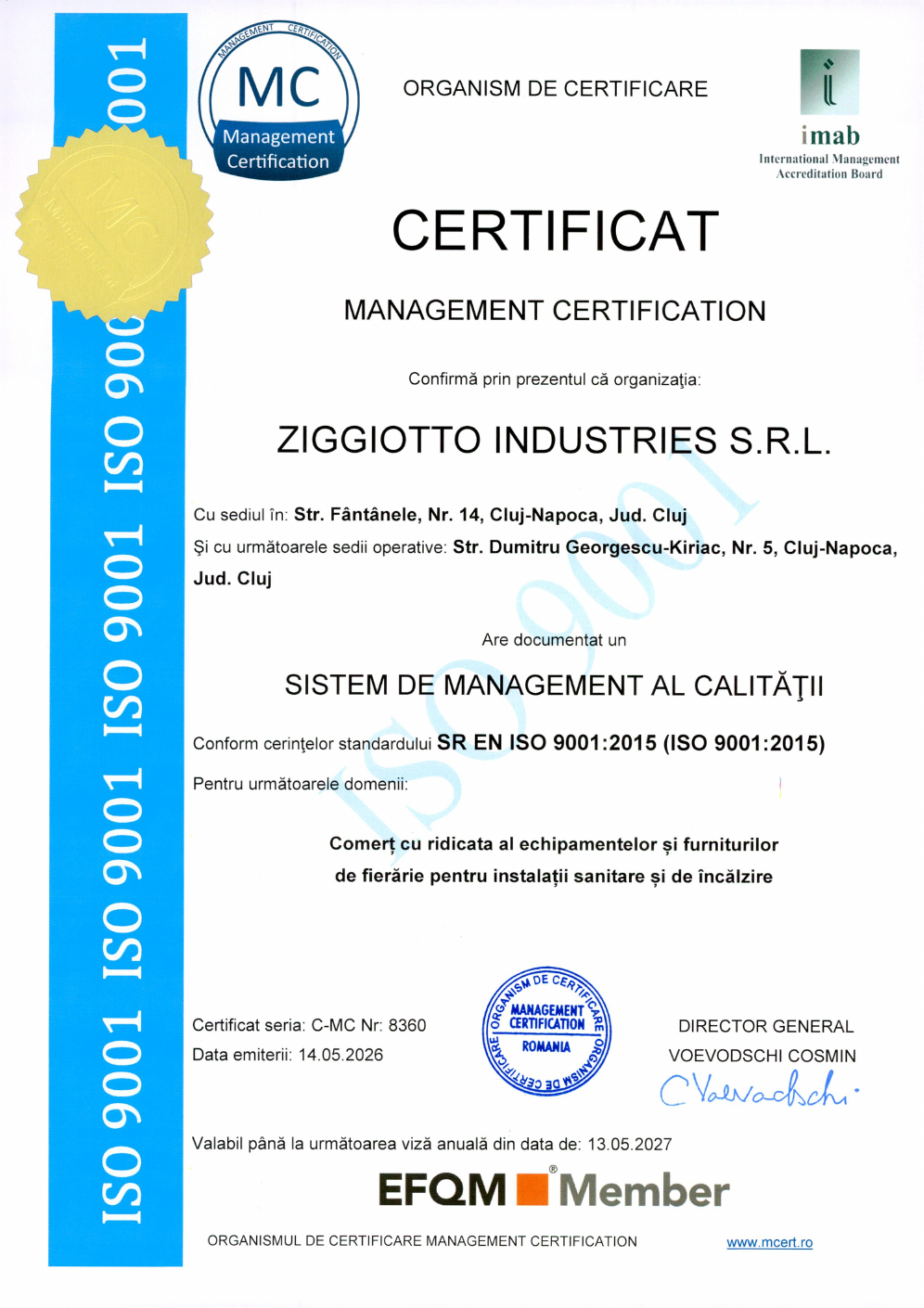 Certificat ZIGGIOTTO INDUSTRIES SR EN ISO 9001:2015