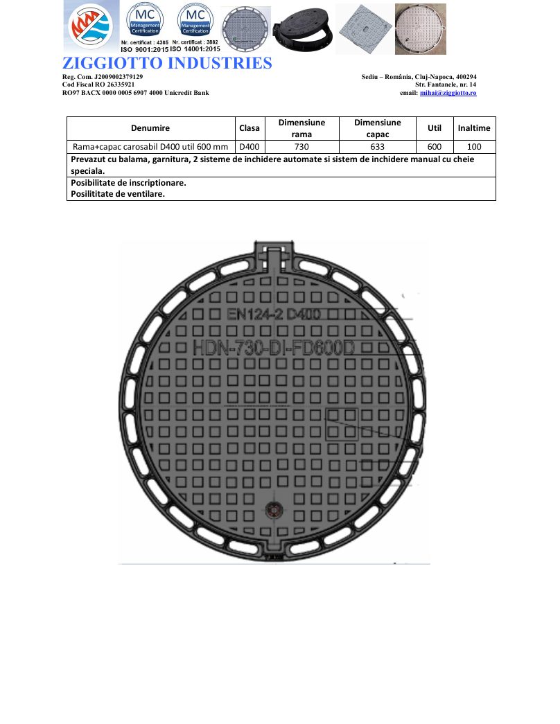 Capac fontă ductilă D400 – util 600 mm, ramă 730, neventilat