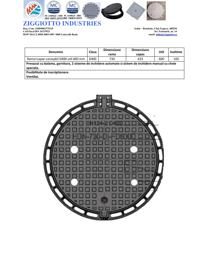 Capac fontă ductilă D400 – util 600 mm, ramă 730, ventilat