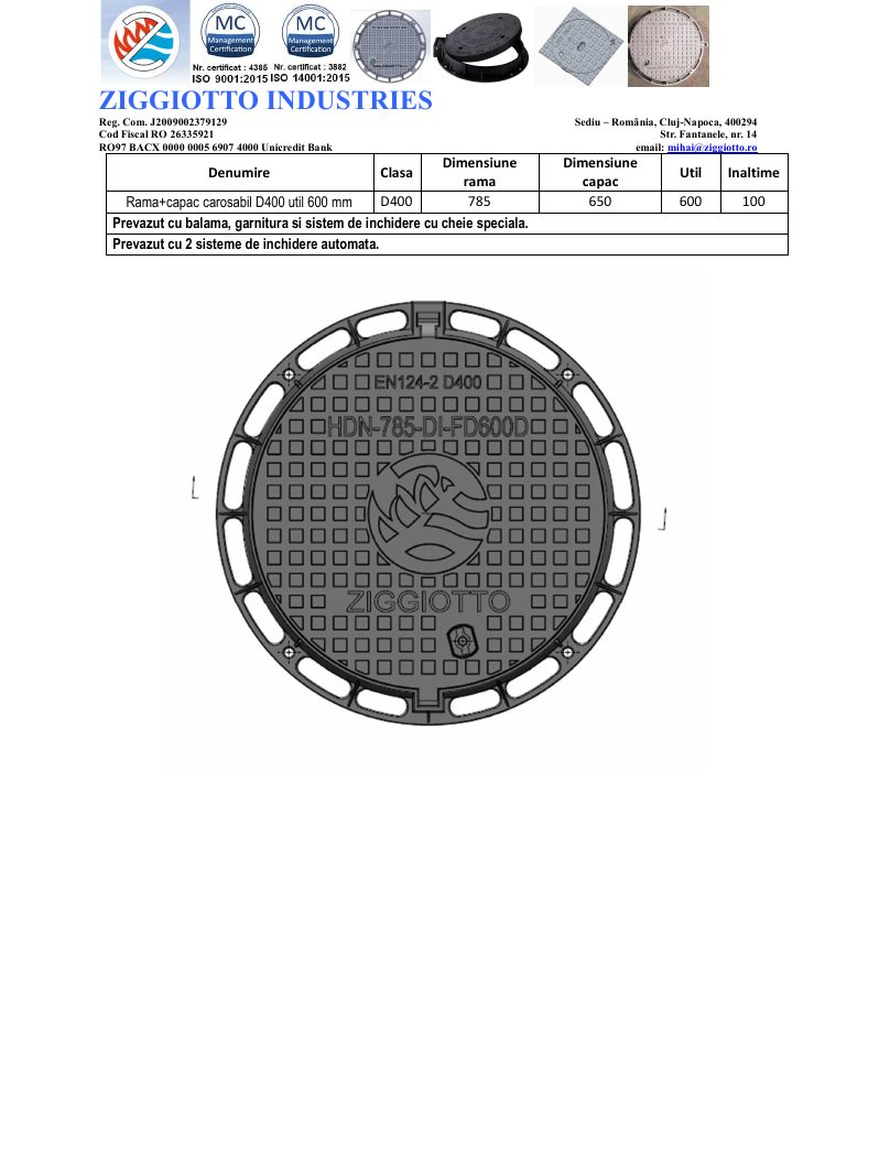Capac fontă ductilă D400 – util 600 mm, ramă 785, neventilat
