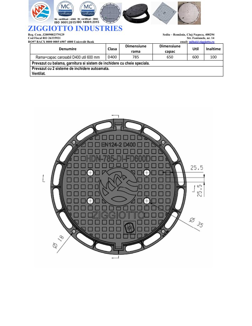 Capac fontă ductilă D400 – util 600 mm, ramă 785, ventilat