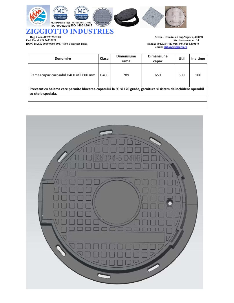 Capac compozit SMC D400 – util 600 mm