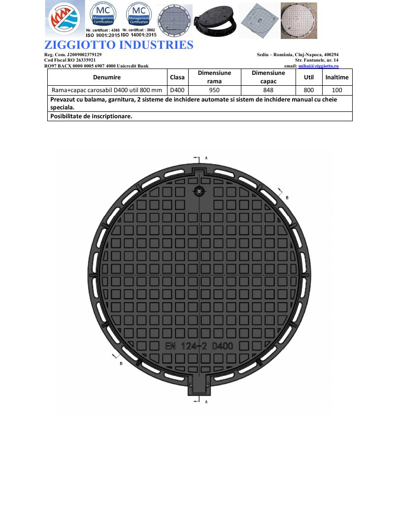 Capac fontă ductilă D400 – util 800 mm