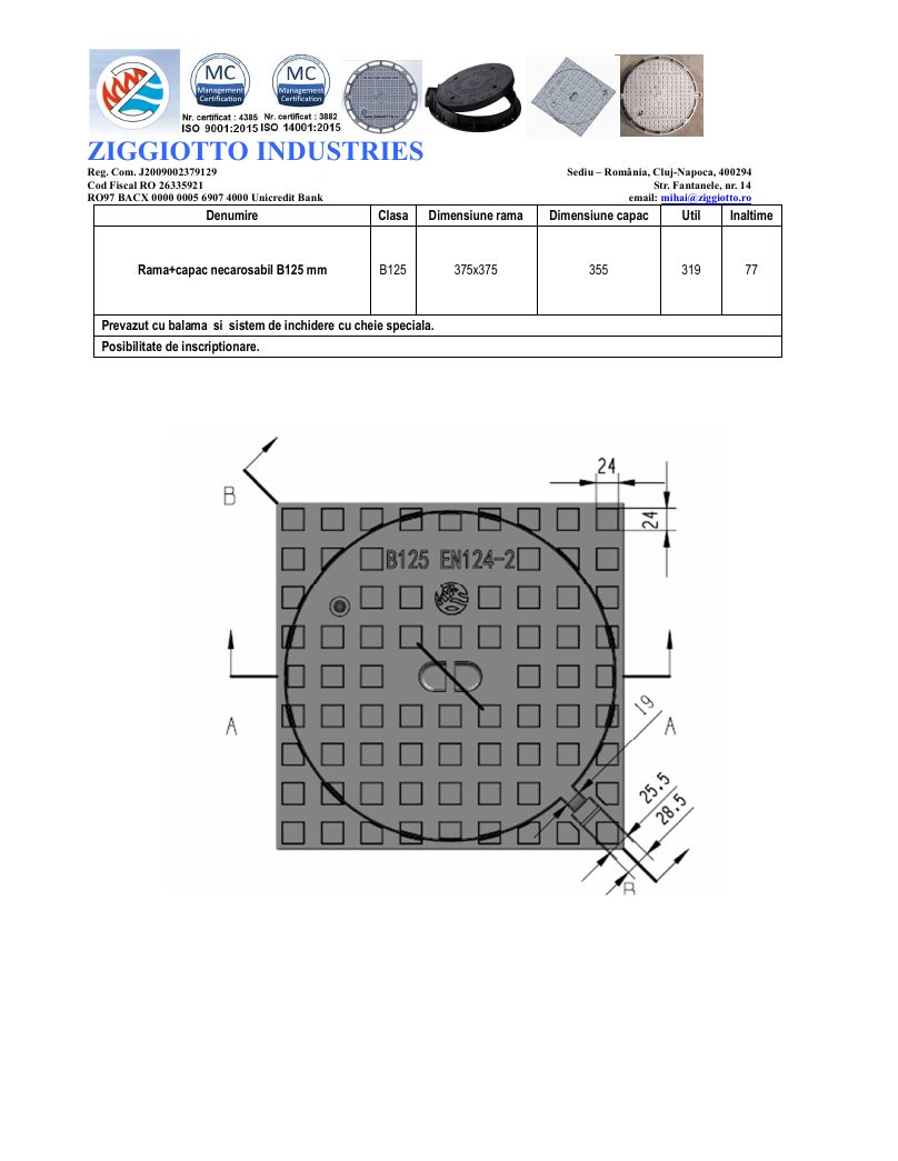 Capac fontă ductilă B125 – util 315 mm