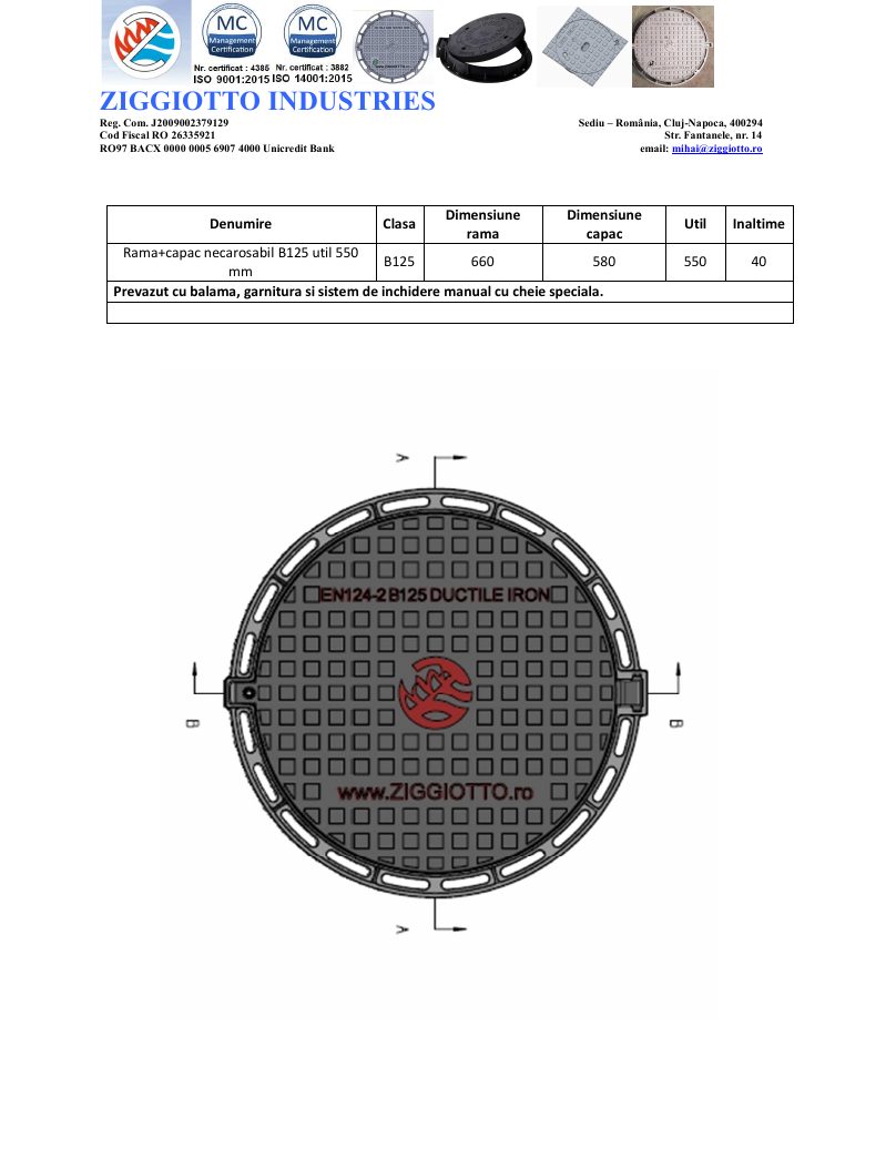 Capac fontă ductilă B125 – util 550 mm