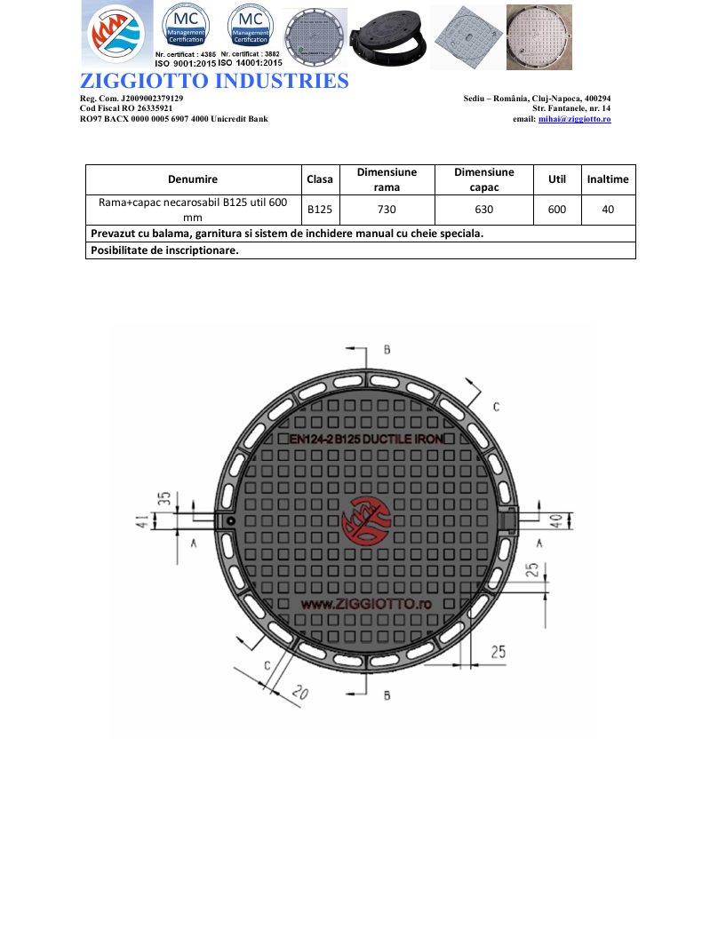 Capac fontă ductilă B125 – util 600 mm
