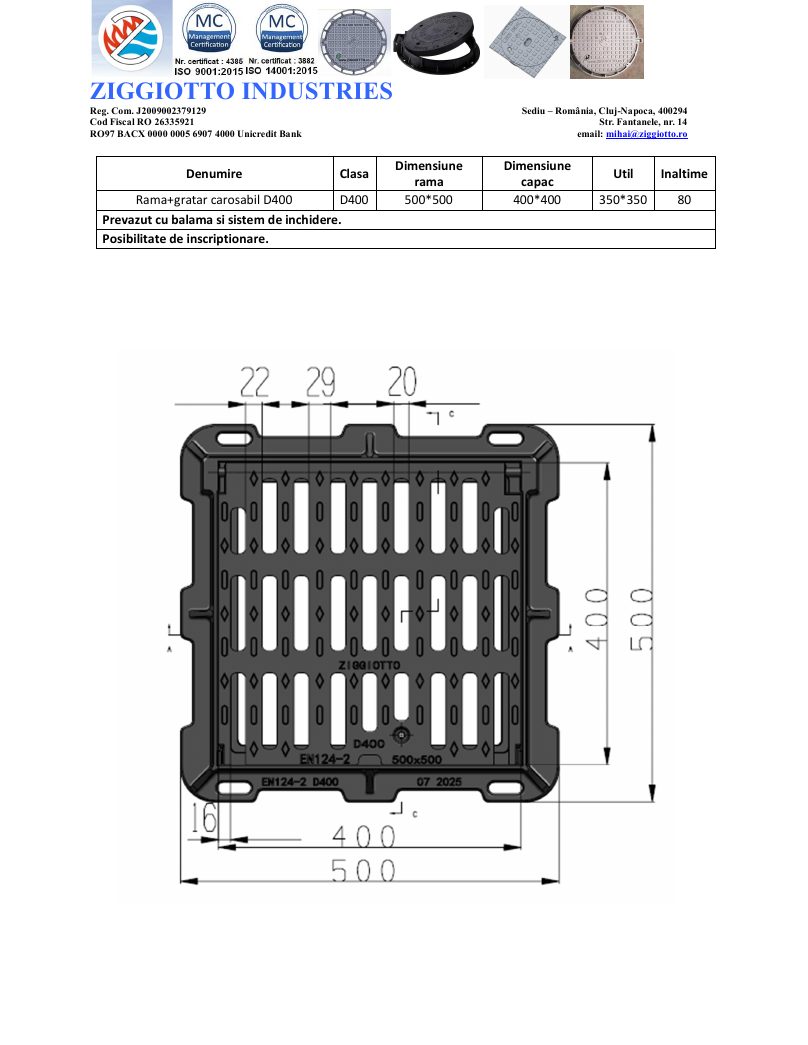 Grătar fontă ductilă D400 – 500 × 500 mm