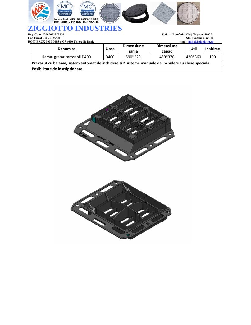 Grătar fontă ductilă D400 – ramă 590 × 520 mm